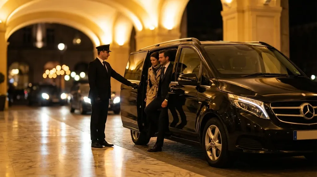 Professional chauffeur opening door of luxury Mercedes for VIP guests